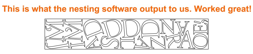 CrispCut nested output showing letters packed tightly onto the acrylic sheet, ready to cut